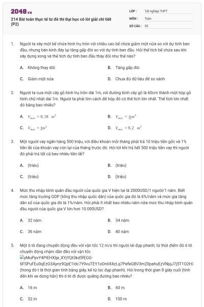 214 Bài toán thực tế từ đề thi Đại học có lời giải chi tiết (P2)