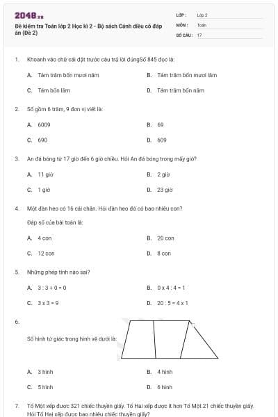 Đề kiểm tra Toán lớp 2 Học kì 2 - Bộ sách Cánh diều có đáp án (Đề 2)