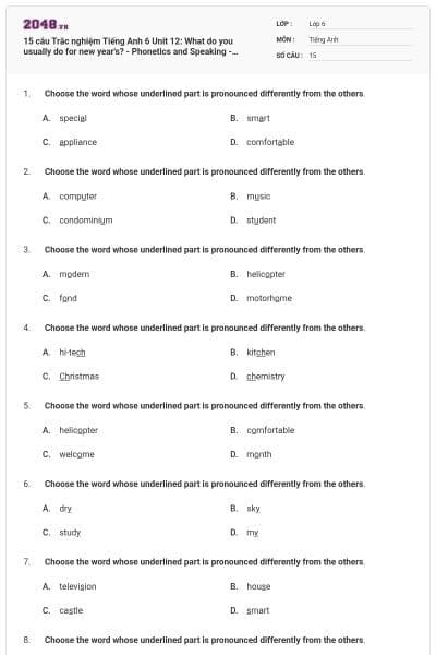15 câu Trắc nghiệm Tiếng Anh 6 Unit 12: What do you usually do for new year's? - Phonetics and Speaking - Explore English có đáp án