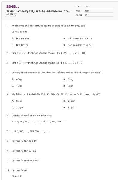 Đề kiểm tra Toán lớp 2 Học kì 2 - Bộ sách Cánh diều có đáp án (Đề 3)