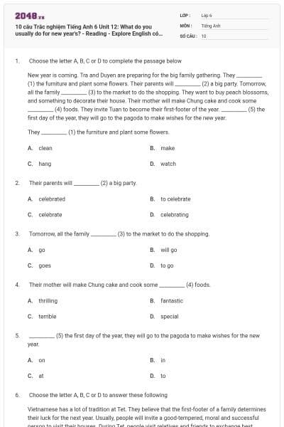 10 câu Trắc nghiệm Tiếng Anh 6 Unit 12: What do you usually do for new year's? - Reading - Explore English có đáp án