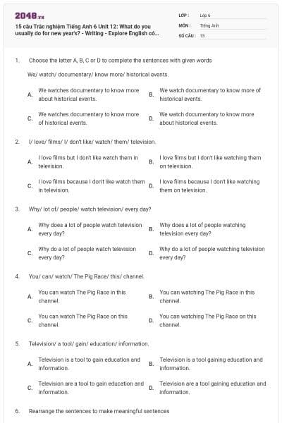 15 câu Trắc nghiệm Tiếng Anh 6 Unit 12: What do you usually do for new year's? - Writing - Explore English có đáp án