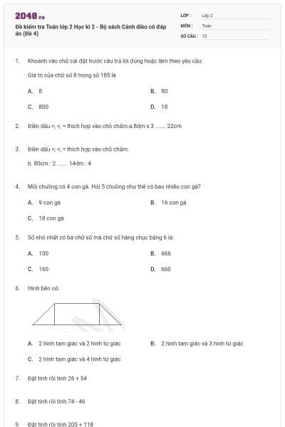 Đề kiểm tra Toán lớp 2 Học kì 2 - Bộ sách Cánh diều có đáp án (Đề 4)