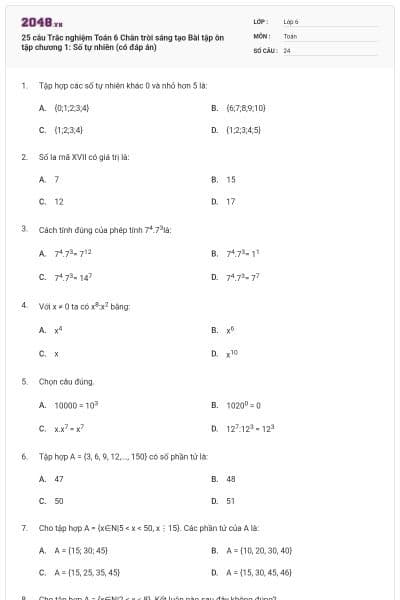 25 câu Trắc nghiệm Toán 6 Chân trời sáng tạo Bài tập ôn tập chương 1: Số tự nhiên (có đáp án)