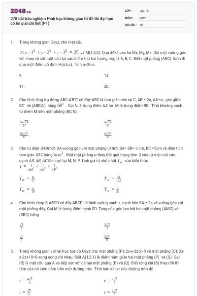 278 bài trắc nghiệm Hình học không gian từ đề thi đại học có lời giải chi tiết (P1)