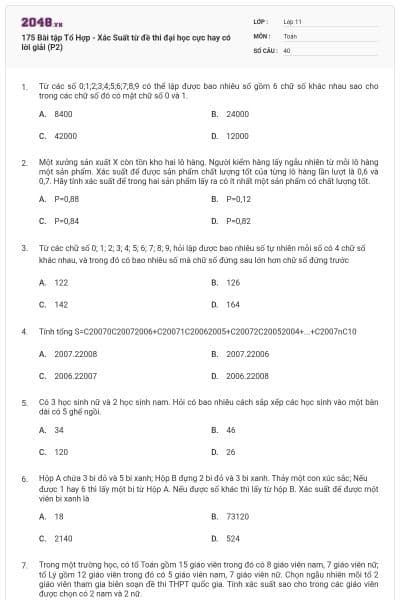 175 Bài tập Tổ Hợp - Xác Suất từ đề thi đại học cực hay có lời giải (P2)