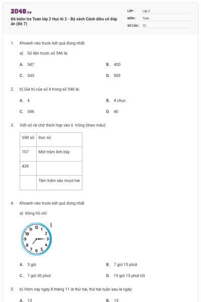 Đề kiểm tra Toán lớp 2 Học kì 2 - Bộ sách Cánh diều có đáp án (Đề 7)