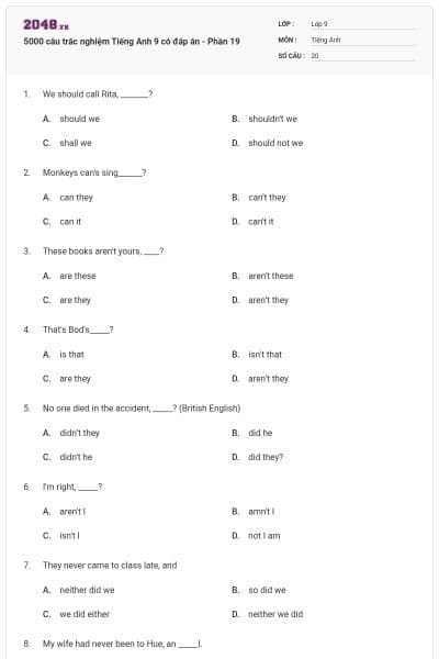 5000 câu trắc nghiệm Tiếng Anh 9 có đáp án - Phần 19