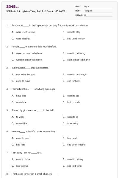 5000 câu trắc nghiệm Tiếng Anh 9 có đáp án - Phần 20