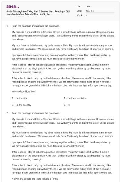 6 câu Trắc nghiệm Tiếng Anh 6 Starter Unit: Reading - Giới từ chỉ nơi chốn - Friends Plus có đáp án