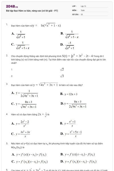 Bài tập Đạo Hàm cơ bản, nâng cao (có lời giải - P7)