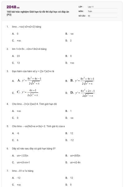 160 bài trắc nghiệm Giới hạn từ đề thi đại học có đáp án (P3)