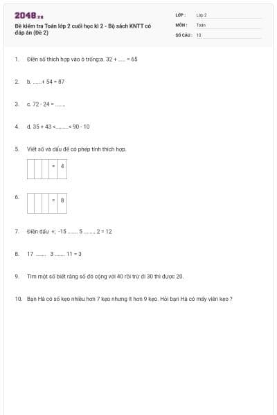 Đề kiểm tra Toán lớp 2 cuối học kì 2 - Bộ sách KNTT có đáp án (Đề 2)