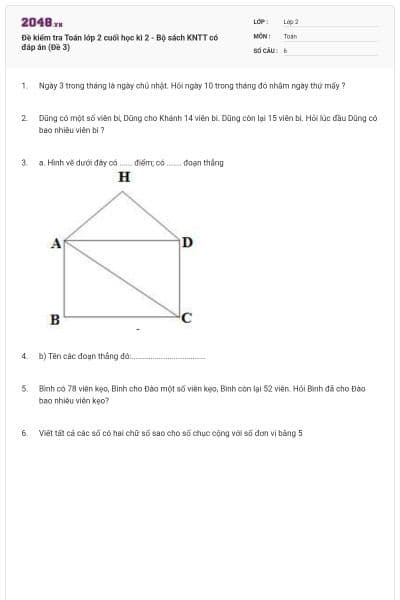Đề kiểm tra Toán lớp 2 cuối học kì 2 - Bộ sách KNTT có đáp án (Đề 3)