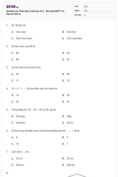 Đề kiểm tra Toán lớp 2 cuối học kì 2 - Bộ sách KNTT có đáp án (Đề 4)