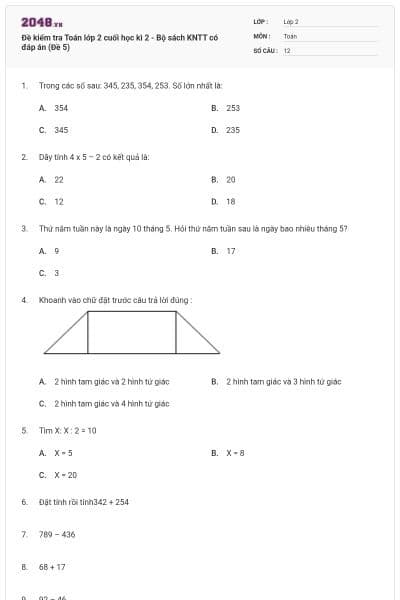 Đề kiểm tra Toán lớp 2 cuối học kì 2 - Bộ sách KNTT có đáp án (Đề 5)