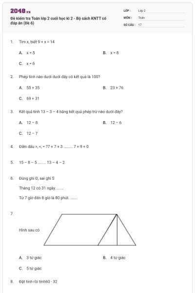 Đề kiểm tra Toán lớp 2 cuối học kì 2 - Bộ sách KNTT có đáp án (Đề 6)