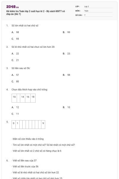 Đề kiểm tra Toán lớp 2 cuối học kì 2 - Bộ sách KNTT có đáp án (Đề 7)