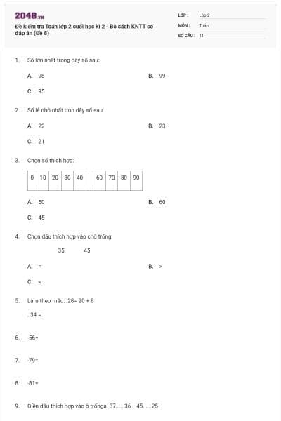 Đề kiểm tra Toán lớp 2 cuối học kì 2 - Bộ sách KNTT có đáp án (Đề 8)