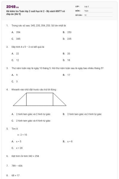 Đề kiểm tra Toán lớp 2 cuối học kì 2 - Bộ sách KNTT có đáp án (Đề 9)