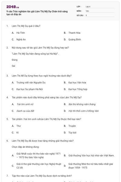 9 câu Trắc nghiệm tác giả Lâm Thị Mỹ Dạ Chân trời sáng tạo có đáp án