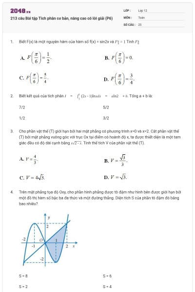 213 câu Bài tập Tích phân cơ bản, nâng cao có lời giải (P6)