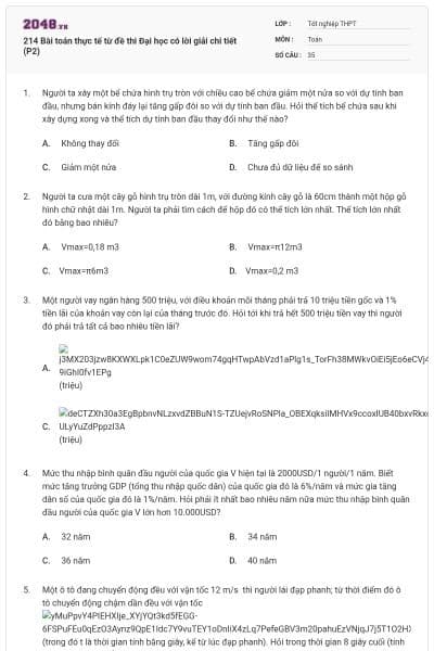 214 Bài toán thực tế từ đề thi Đại học có lời giải chi tiết (P2)