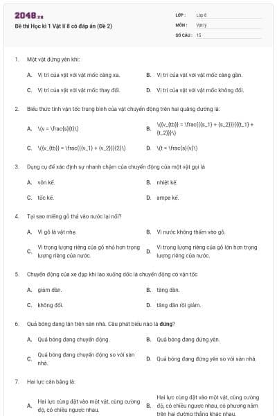 Đề thi Học kì 1 Vật lí 8 có đáp án (Đề 2)