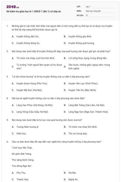 Đề kiểm tra giữa học kì 1 GDCD 7 (Đề 1) có đáp án