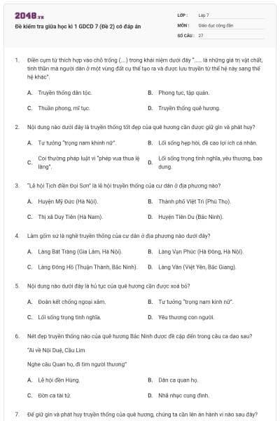 Đề kiểm tra giữa học kì 1 GDCD 7 (Đề 2) có đáp án