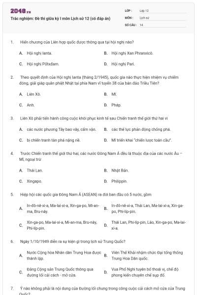 Trắc nghiệm: Đề thi giữa kỳ I môn Lịch sử 12 (có đáp án)