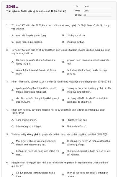 Trắc nghiệm: Đề thi giữa kỳ I môn Lịch sử 12 (có đáp án)