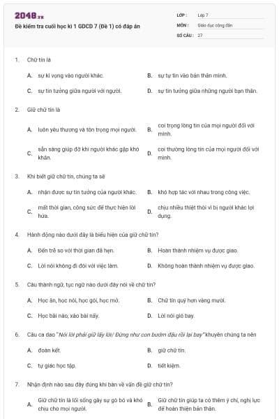 Đề kiểm tra cuối học kì 1 GDCD 7 (Đề 1) có đáp án