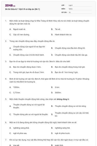 Đề thi Giữa kì 1 Vật lí 8 có đáp án (Đề 1)