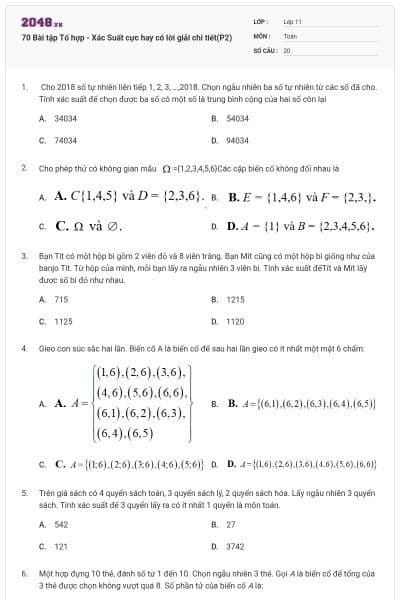 70 Bài tập Tổ hợp - Xác Suất cực hay có lời giải chi tiết(P2)