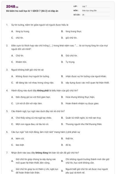 Đề kiểm tra cuối học kì 1 GDCD 7 (Đề 2) có đáp án