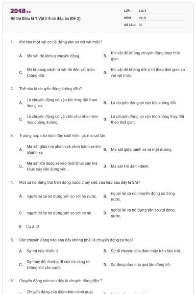 Đề thi Giữa kì 1 Vật lí 8 có đáp án (Đề 2)