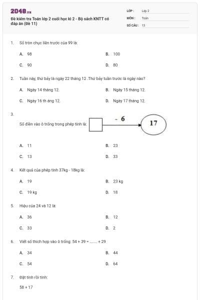 Đề kiểm tra Toán lớp 2 cuối học kì 2 - Bộ sách KNTT có đáp án (Đề 11)