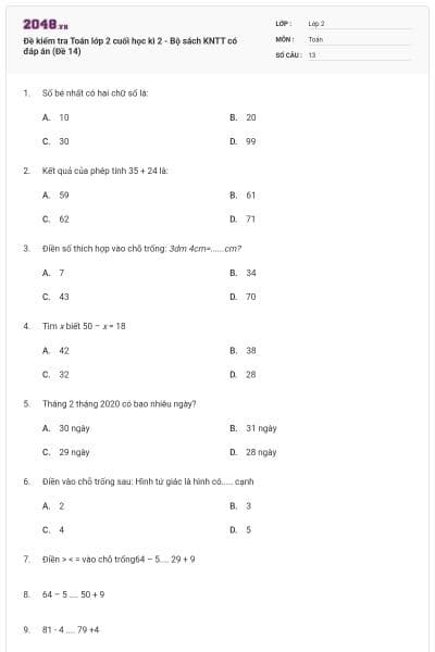 Đề kiểm tra Toán lớp 2 cuối học kì 2 - Bộ sách KNTT có đáp án (Đề 14)