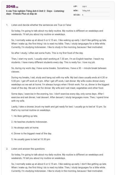 6 câu Trắc nghiệm Tiếng Anh 6 Unit 2 : Days - Listening: days - Friends Plus có đáp án