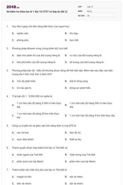 Đề kiểm tra Giữa học kì 1 Địa 10 CTST có đáp án (Đề 2)