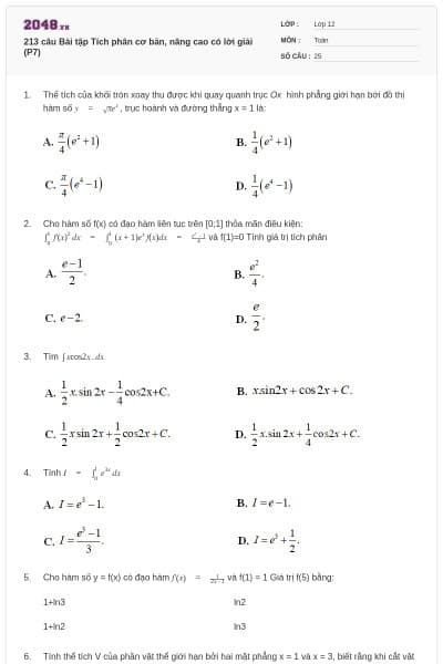 213 câu Bài tập Tích phân cơ bản, nâng cao có lời giải (P7)