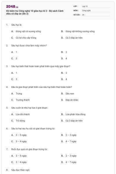 Đề kiểm tra Công nghệ 10 giữa học kì 2 - Bộ sách Cánh diều có đáp án (Đề 3)