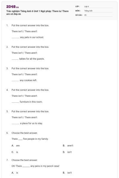Trắc nghiệm Tiếng Anh 6 Unit 1 Ngữ pháp: There is/ There are có đáp án