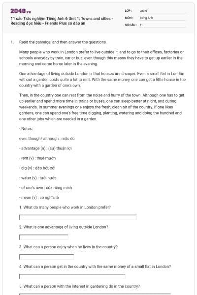 11 câu Trắc nghiệm Tiếng Anh 6 Unit 1: Towns and cities - Reading đọc hiểu - Friends Plus có đáp án