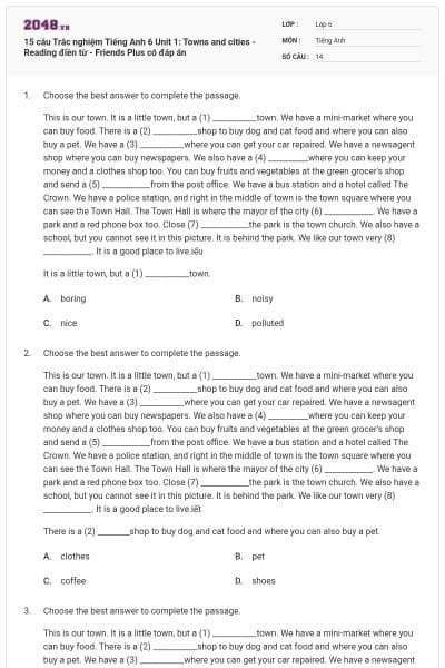 15 câu Trắc nghiệm Tiếng Anh 6 Unit 1: Towns and cities - Reading điền từ - Friends Plus có đáp án