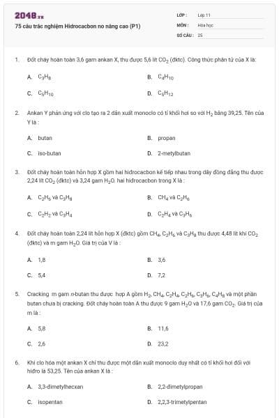 75 câu trắc nghiệm Hidrocacbon no nâng cao (P1)
