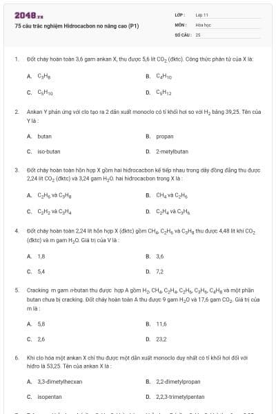 75 câu trắc nghiệm Hidrocacbon no nâng cao (P1)