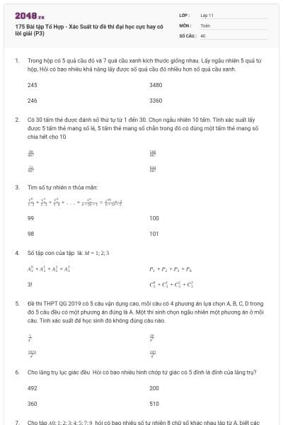 175 Bài tập Tổ Hợp - Xác Suất từ đề thi đại học cực hay có lời giải (P3)