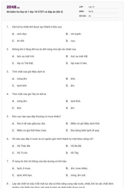 Đề kiểm tra Học kì 1 Địa 10 CTST có đáp án (Đề 2)